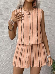 SHEIN LUNE Set de 2 piese pentru femei, casual, cu dungi, fără mâneci și pantaloni scurți, de vară - Roz - Vizualizare 6