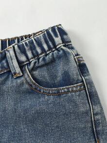 SHEIN 少女Y2K街头风休闲做旧不对称腰身柔软舒适浅蓝色牛仔裤，百搭日常穿搭，2025春夏新品上市 - 中等水洗藍 - 查看 5