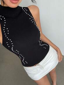 SHEIN Elenzya Women Black Knit Sleeveless Stand Collar Casual Regular Top With Rhinestone Detail - Black - View 7