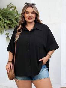 SHEIN CURVE+ Curve Mărimea US22Festival de muzică, Vacanță la mare, Cămașă de damă neagră cu mânecă de liliac și nasturi în față, Bohemia - Negru - Vizualizare 6