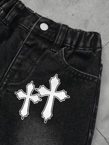 2pcs Young BoyCross Pattern Black Denim Shirt And Shorts Set - Black - View 5