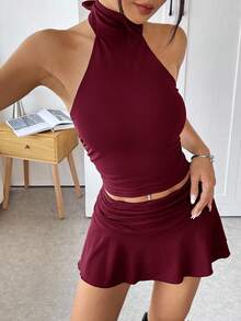SHEIN EZwear 女士纯色露背褶皱上衣和迷你裙套装，时尚百搭，适合约会和外出。 - 酒紅色 - 查看 4