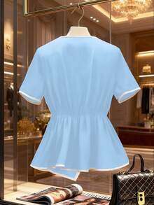 Franclia Áo sơ mi nữ tay ngắn cổ nơ thanh lịch mới, thiết kế vạt áo bất đối xứng, phù hợp cho cả công sở và trang phục thường ngày. - Màu xanh lam - Xem 2