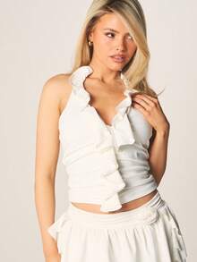 MISSGUIDED Ruffle Halter Plunge Neckline Sleeveless Blouse Tie Back Detail Crop Top - White - View 5