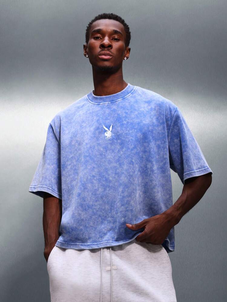 PLAYBOY X SUMWON T-shirt col rond à manches courtes oversize, lavé, avec imprimé logo poitrine, en coton, style décontracté streetwear d'été