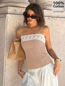 Siren Gaze 2025 Women's Spring/Summer New Design Lace Trim Camisole Top, Unique Minimalist Short Cropped Camisole - Khaki - View 5