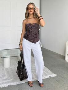 Siren Gaze Women's Casual Brown Knitted Regular Length Halter Asymmetrical Hem Sleeveless Top With Floral Design Summer - Brown - View 3