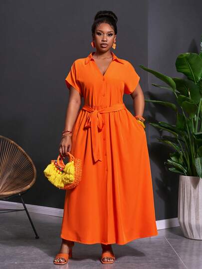 Slaydiva 2026 Summer New Music Festival, Easter, St. Patrick's Day, Western Style, Nomadic Style, Birthday Party, Graduation Season, Student Wear, Daily Casual, Basic Versatile, Leisure, Cruise Travel, Beach, Sunbathing, Viral Sensation, Orange Shirt Dress, A-Line V-Neck Tie-Up Plus Size 2 Pieces Set