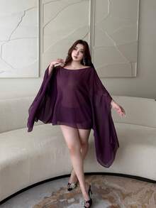 Vibekara Blusa Plus Size de Chiffon Semitransparente com Decote Redondo, Manga Morcego, Costas Nuas e Corrente. Solta e Sexy. - Roxa - Ver 5