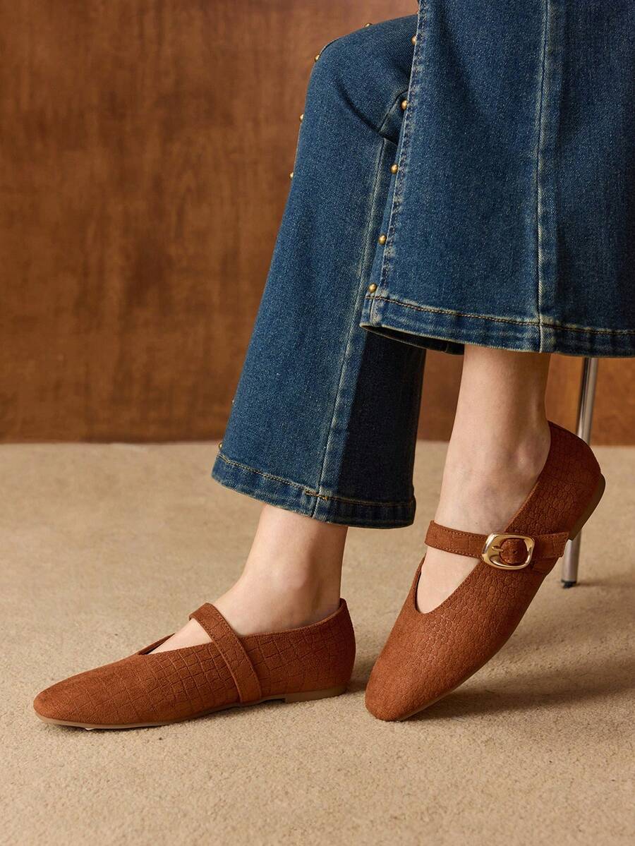 MOTF PREMIUM WOMEN'S COMMUTING CASUAL COMFORTABLE VERSATILE MARY JANE SQUARE TOE FLAT SHOES VALENTINE'S DAY - Tan - View 1