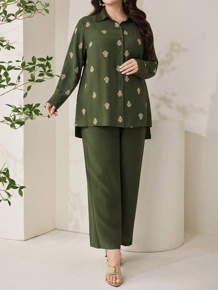 Modelyn 大码印花长袖上衣和纯色长裤两件套 - 綠色 - 查看 6