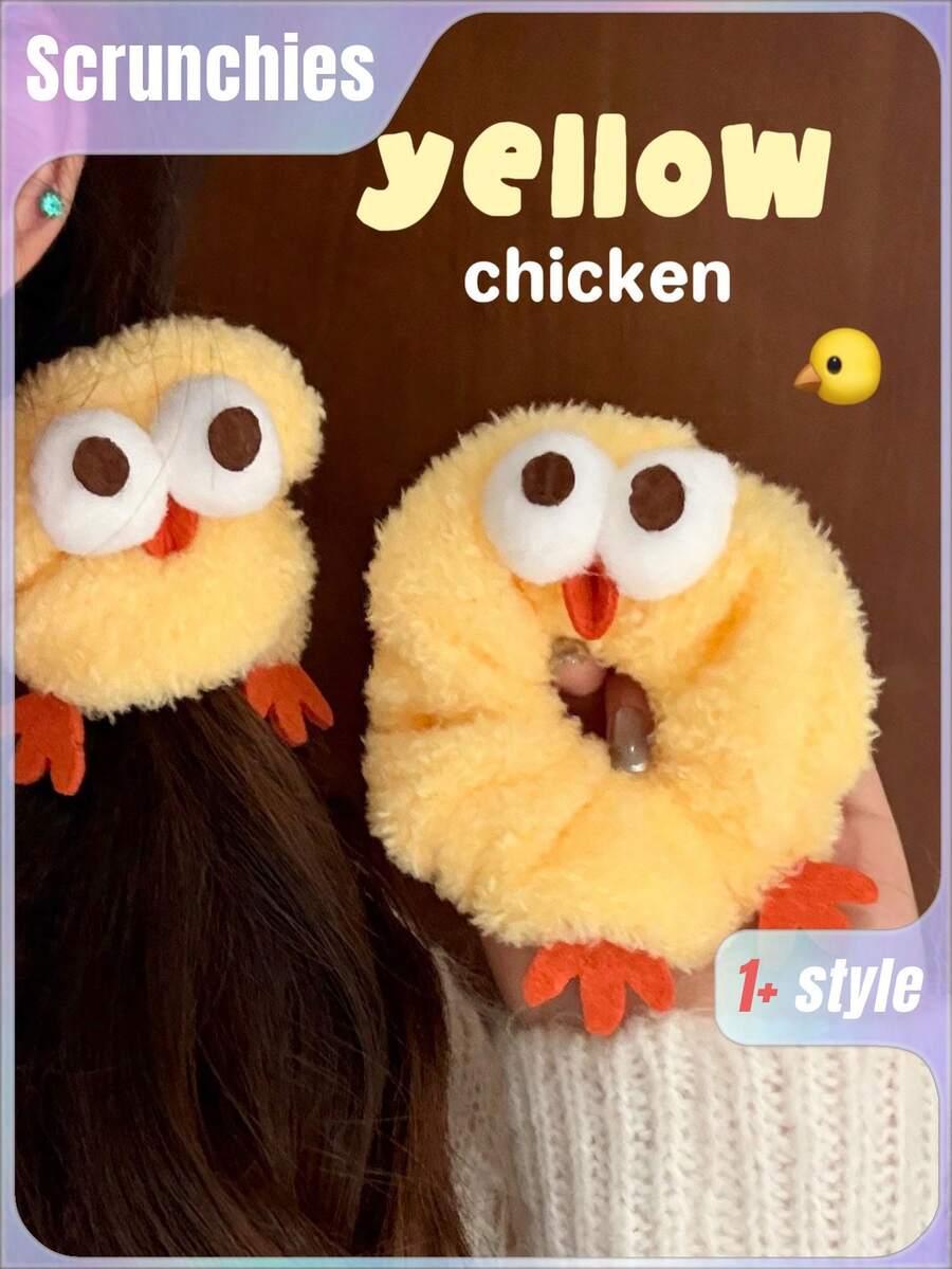 1 pieza Nuevo y lindo lazo para el cabello de peluche con diseño de pollo - Divertido y dulce scrunchie estilo kawaii para niña, banda elástica versátil para coleta y recogido - Multicolor - Ver 1