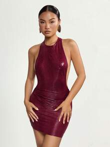 SHEIN ICON Y2K Women's Mardi Gras Sexy Festiva Burgundy Concert Party Club Coachella Maroon Solid Color Round Neck Sleeveless Fitted Backless Mini Dress, Summer - Burgundy - View 8