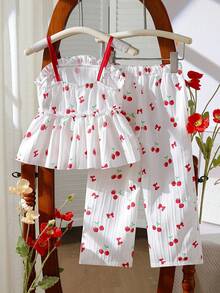 SHEIN Vintaside Kids 两件套女童数码印花花卉装饰吊带背心和松紧腰阔腿裤，休闲、沙滩、派对装扮，夏季 - 彩色 - 查看 2