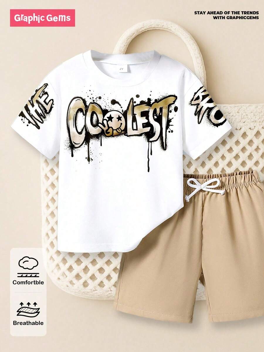 SHEIN GraphicGems 2pcs/Set Young Boy Short Sleeve T-Shirt And Shorts,Apricot Color Graffiti Face,Casual Street Style Comfortable For Summer Daily Wear - Khaki - View 1