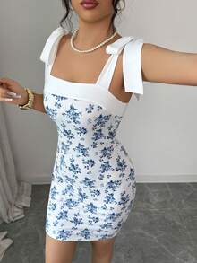 Elenzga New Casual Elegant Vacation Beach Party Tie Shoulder Floral Print Fitted Mini Dress, Spring/Summer - Blue and White - View 3