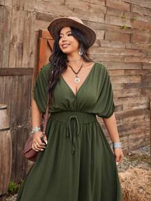 Ceyna Plus Size Women New Military Green Shoulder Sleeve A-Line Patchwork Waist Midi Dress Women's Summer Dresses Shirred Around Dresses For Ladies Woman Dress Women's Plus Size Dresses Women Holiday Dress Luxury Dresses For Women Vacation Outfits Women Dress Bohemian Outfit For Women Dress Boho Plus Size Women's Summer Outfits Chic Dresses For Women Plus Size Women's Dress Casual Dresses For Woman Drawstring Waist Dress Women's Summer Dresses Shirred Dress Women's Plus Size Dresses - Green - View 6
