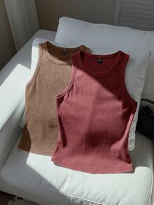 Comfortcana 2pcs/Set Seamless Knit Crop Top & Leggings Set - Red - View 7