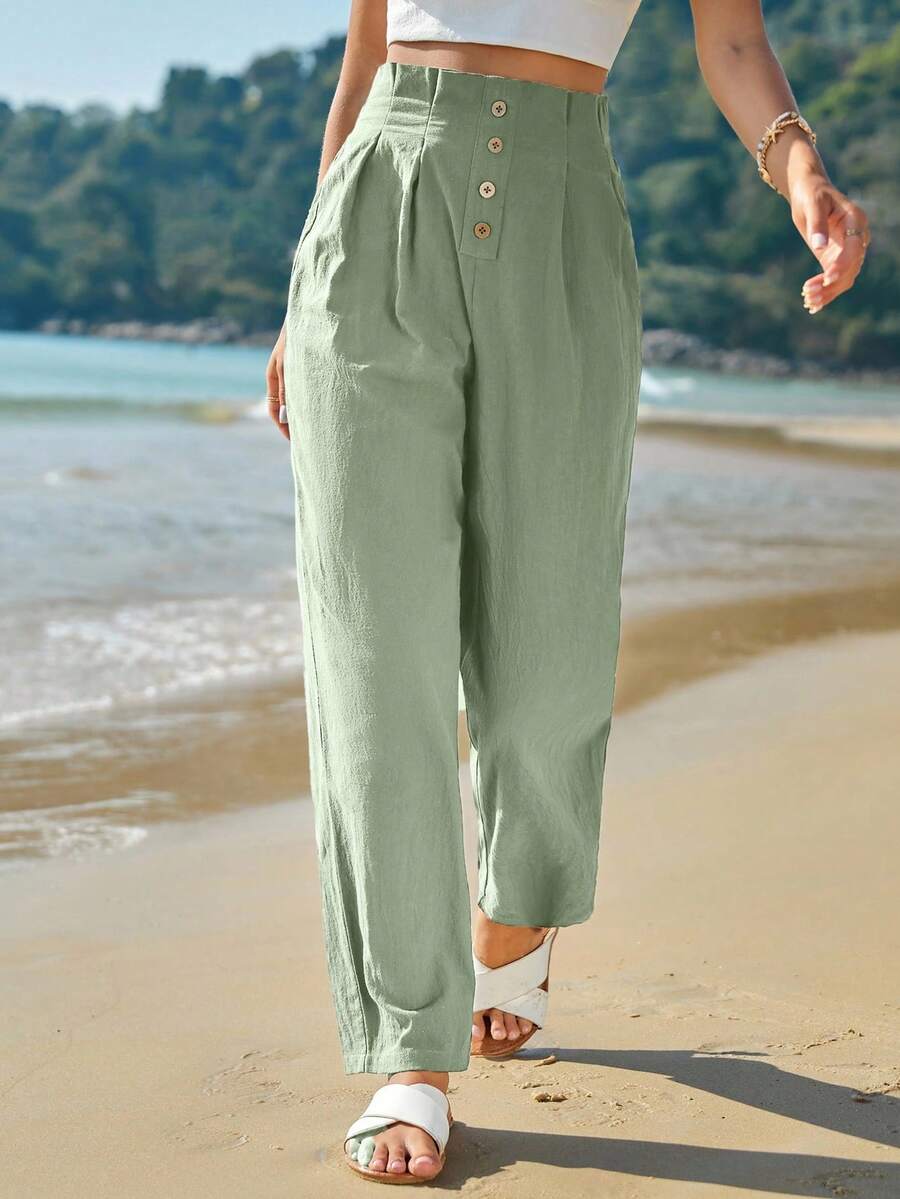 SHEIN Frenchy Women's Solid Colored Paper Bag Waist Pants Summer Vacation Pants Green Casual Christmas Holiday Resort - Mint Green - View 1