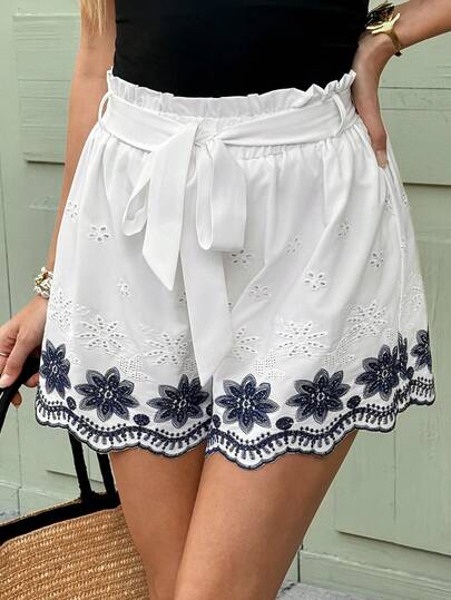 Serisse Women's Embroidered High‑Waist Shorts – Tie‑Belt Eyelet Summer Shorts  Women's Embroidered Tie-Waist Casual Shorts, Versatile For Daily Wear