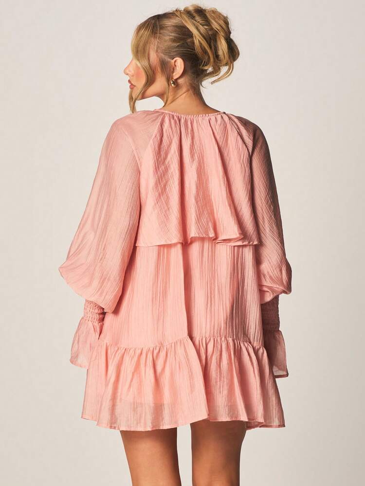 MISSGUIDED コーラルピンク ティアード フリル ミニドレス パフスリーブ Vネック ボタン前開き ギャザーヘム ボヘミアン スタイル 春夏