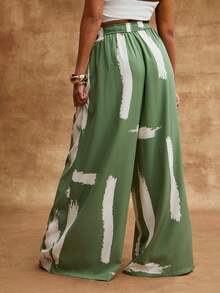 Vixey Woven Elastic Waistband Wide Leg Flowy Vacation Pants - Green - View 5