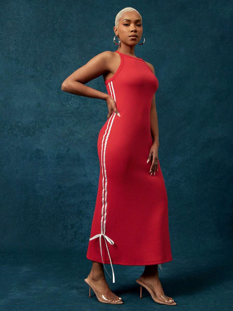 Vixey 条纹蝴蝶结侧边细节工字领罗纹中长连衣裙 - 紅色 - 查看 1