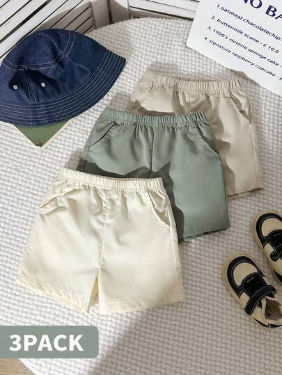 Souflis Souflis 3条装男婴休闲纯色短裤套装，柔软轻盈的卡其布短裤，适合夏季度假、海滩日常穿着