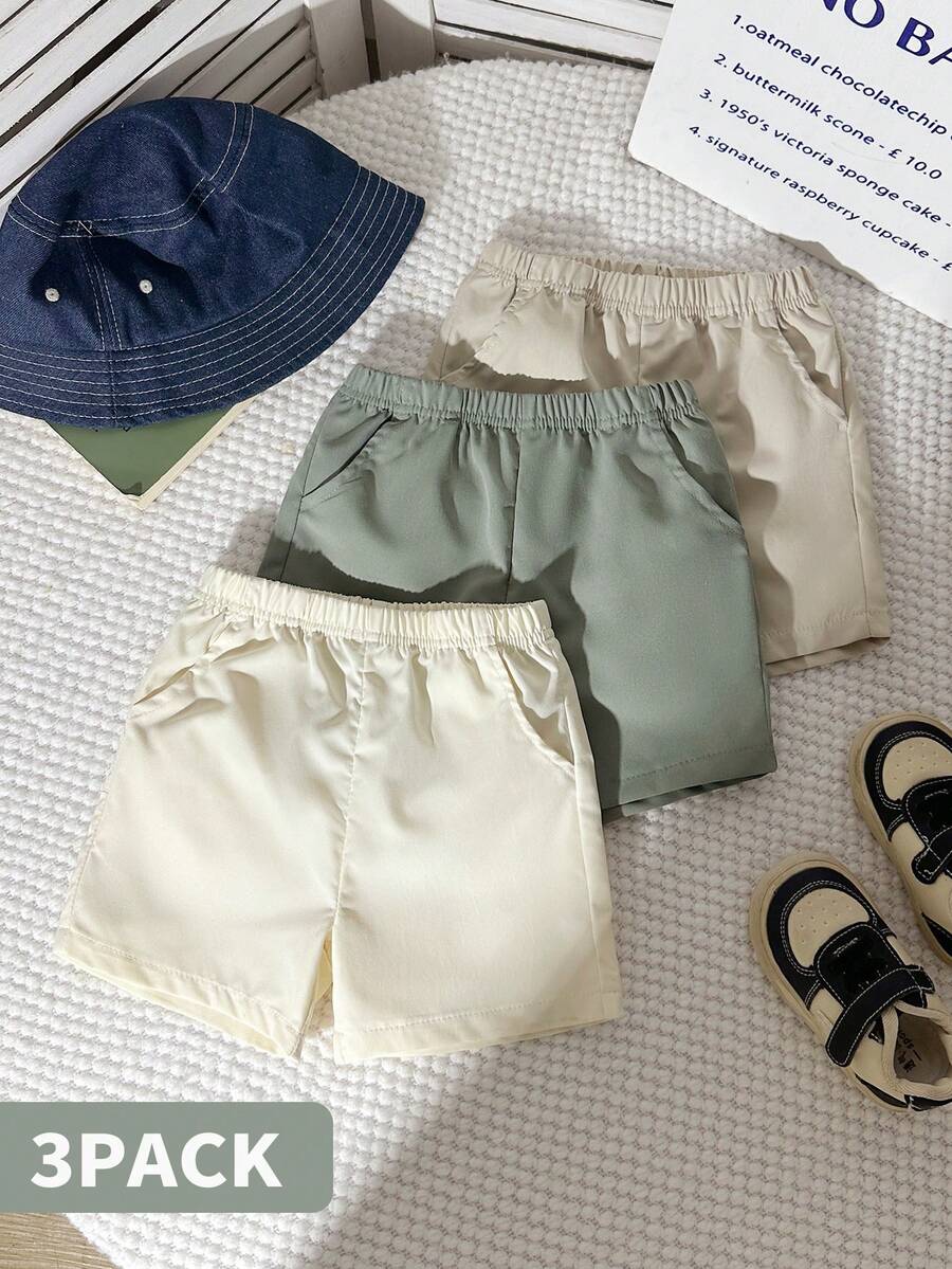 SHEIN Playful Pals 3条装男婴休闲纯色短裤套装，柔软轻盈的卡其布短裤，适合夏季度假、海滩日常穿着