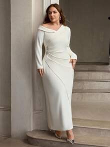 ZEYLAH Vestido ajustado con cuello asimétrico y drapeado de unicolor - Albaricoque - Ver 6