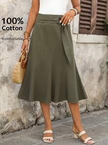 SHEIN LUNE Fustă casual pentru femei, 100% bumbac, culoare solidă, casual pentru femei, vacanțe de vară, verde militar, fustă casuală - Verde - Vizualizare 3