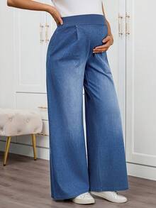 SHEIN 孕妇休闲水洗宽松牛仔裤 - 藍色 - 查看 5