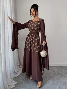 Rafferiza Elegant Round Neck, Extra Long Slit Flare Sleeve, Printed Patchwork, Cinched Waist A-Line Dress, Middle Eastern Style, Brown - Coffee Brown - View 5
