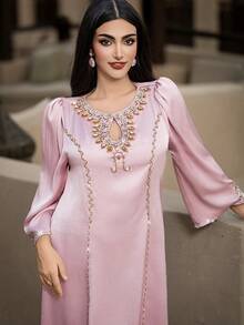 Layrah Handmade Rhinestone Embellished Pink Robe/Robe Pink Silk Dress Formal Elegant Party Uxury Evening Dresses Wedding Party Dress - Pink - View 6