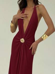 Aloruh Gaun Halter Tanpa Punggung Warna Polos Seksi untuk Wanita, Musim Panas, Gaun Musim Panas - Burgundy - View 5