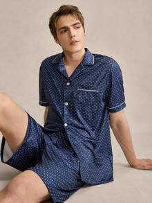 Men's Navy Blue Retro British Geometric Print Short Sleeve Shorts Pajama Set - Navy Blue - View 1