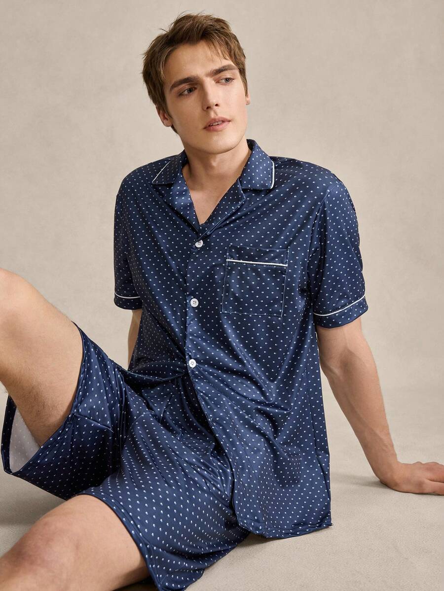 Men's Navy Blue Retro British Geometric Print Short Sleeve Shorts Pajama Set - Navy Blue - View 1