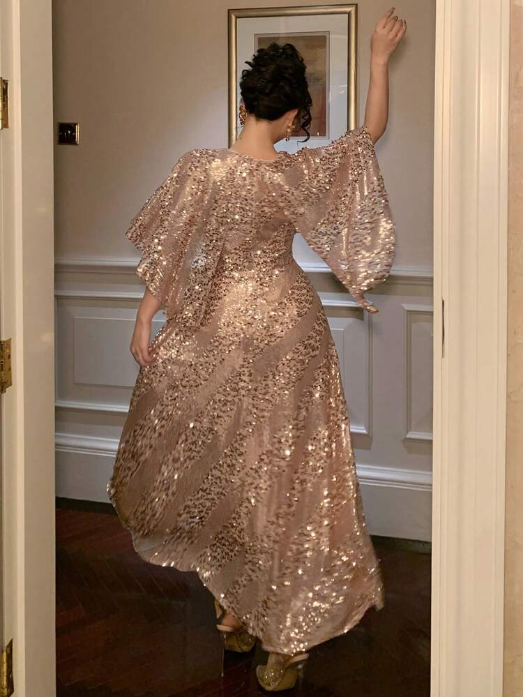 Women's Elegant Sequin Decor Round Neck Mid-Length Dress, Summer Wedding Guest Dress Sparkly Dress Maxi Dress Sundress