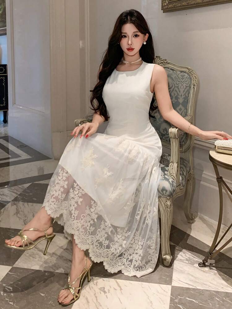 Women's Elegant Lace Patchwork Round Neck Sleeveless Mid-Length Dress, Summer Wedding Guest Dress Sundress Cocktail Dress