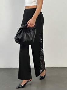 SHEIN Tall Ladies Elegant Mesh & Glitter Splice Black Slim Straight Leg Pants, Fit For Commuting, Casual And Daily Wear, Spring/Summer - Black - View 2