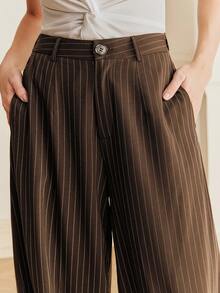Anewsta 春季新款条纹修身宽松喇叭裤女式西装裤 - 咖啡棕 - 查看 3