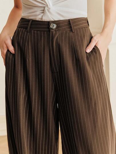 Anewsta 春季新款条纹修身宽松喇叭裤女式西装裤