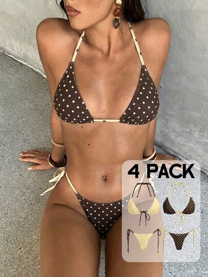  Aloruh 女士春夏新款复古波点印花细肩带三角杯系带四件套比基尼泳衣套装，女士泳装，女士沙滩装，女士度假装