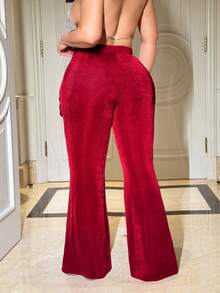 NU&NOW Plus Size Women's Red Autumn Elegant Satin Party Flare Pants,High Waist Rhinestone Twist Elastic Fitted Palazzo Trousers,Burgundy Wide Leg Pants - Burgundy - View 2