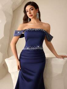 Coutiva Women's Off Shoulder Beaded & Rhinestone Embellished Formal Evening Gown (Heavily Embellished) Women's Sequin Mermaid Formal Evening Gown One Shoulder Formal Dress Purple Women Evening Dress Gowns Glamorous Dress Dress Elegant Gala Dress Elegant Valentines Dress Elegant Dress Sequin Dress Pink Red Dress Floral Dress Valentines Dress Elegant Dress Sequin Dress Floral Dress Luxury Graduation Ceremony, School Opening, Music Festival, Birthday Party, Wedding, Afternoon Tea Gathering, Ball - Navy Blue - View 6