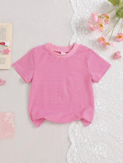 1 pieza Camiseta de manga corta y cuello redondo para niñas, camiseta básica casual a rayas rosa y blanca, adecuada para uso diario de verano, en casa o viajes al aire libre