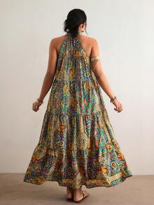 Freevana Bohemian Vintage Printed Halter Dress, Retro Distressed Loose Flowy Long Dress, Vacation Style Slimming Cover-Up Dress, Summer - Multicolor - View 2