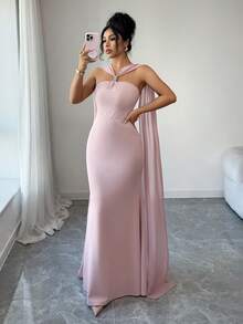 SHEIN Elenzya 优雅浪漫的镶钻搭扣装饰露背修身鱼尾连衣裙，适合派对、约会、鸡尾酒会、音乐会等场合。 - 粉色 - 查看 3