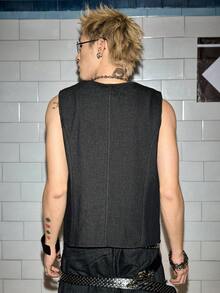 ROMWE MEN Street Life Men's Casual Denim Vest With Zipper Front Closure, Palace Style - Black - View 6