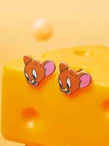 TOM & JERRY X SHEIN 1 Set Zinc Alloy Cartoon Pattern Rhinestone Stud Earrings, Simple & Elegant, Suitable For Party, Concert, Festival - Gold - View 2